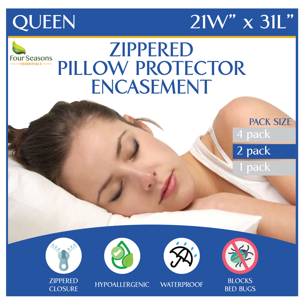 Waterproof Pillow Protectors (Set of 2 or 4) - Zippered Allergen and Dust Mite Proof Pillow Covers