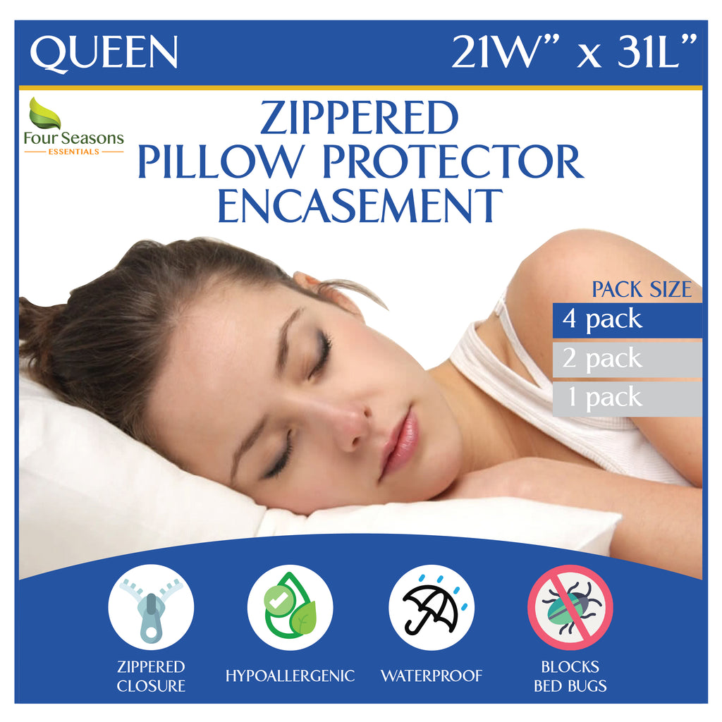Waterproof Pillow Protectors (Set of 2 or 4) - Zippered Allergen and Dust Mite Proof Pillow Covers