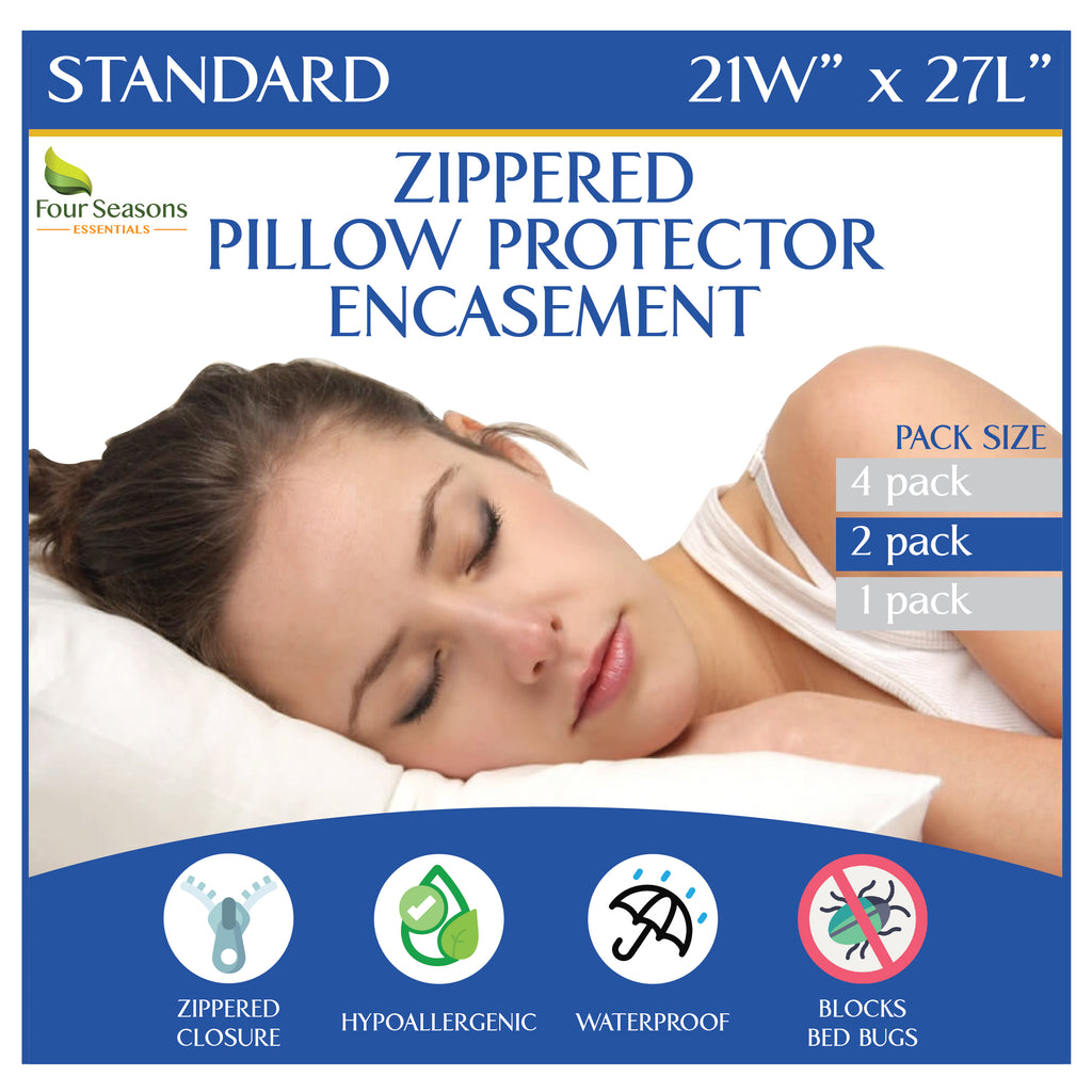 Waterproof Pillow Protectors (Set of 2 or 4) - Zippered Allergen and Dust Mite Proof Pillow Covers