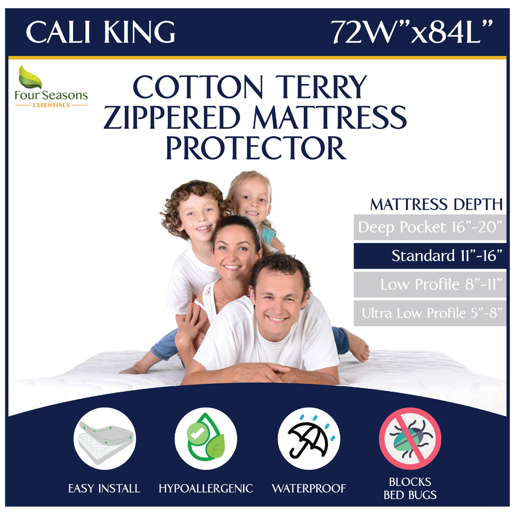 Cotton Terry Zippered Mattress Protector - Bedbug proof Waterproof Encasement
