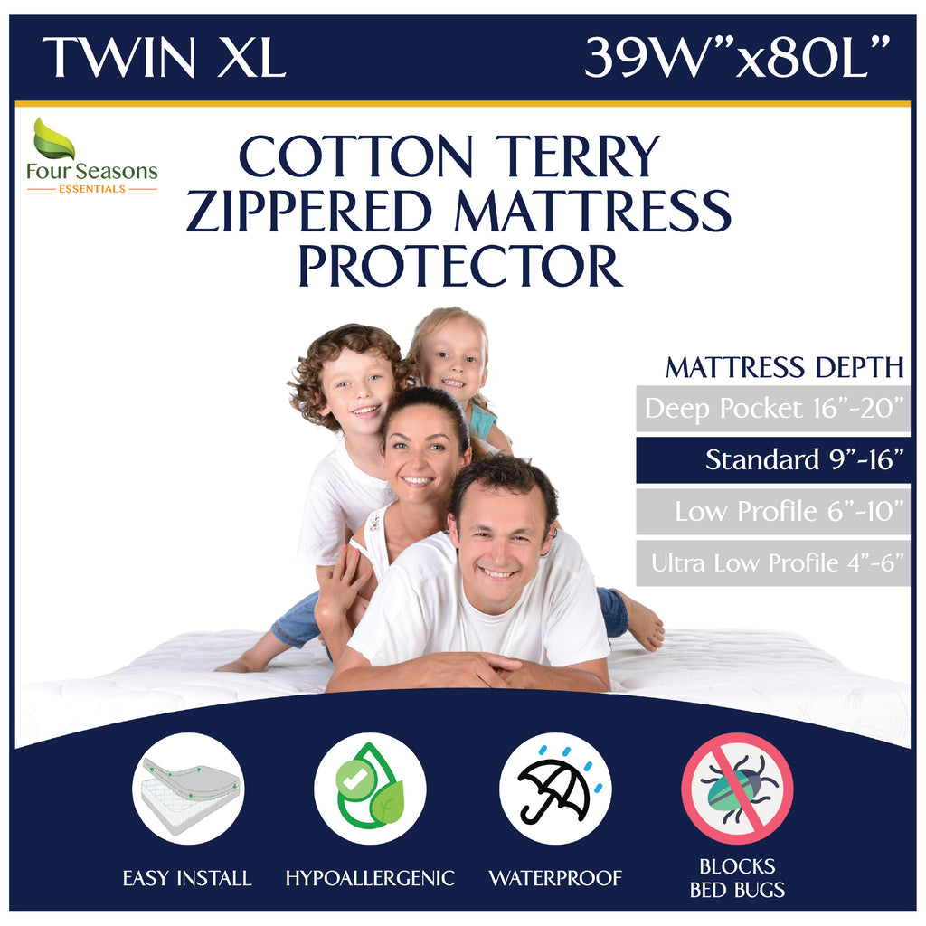 Cotton Terry Zippered Mattress Protector - Bedbug proof Waterproof Encasement