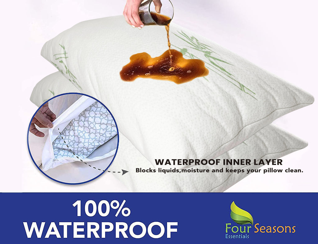 Bamboo Pillow Protector - Waterproof Hypoallergenic Dust Proof Zippered Encasement