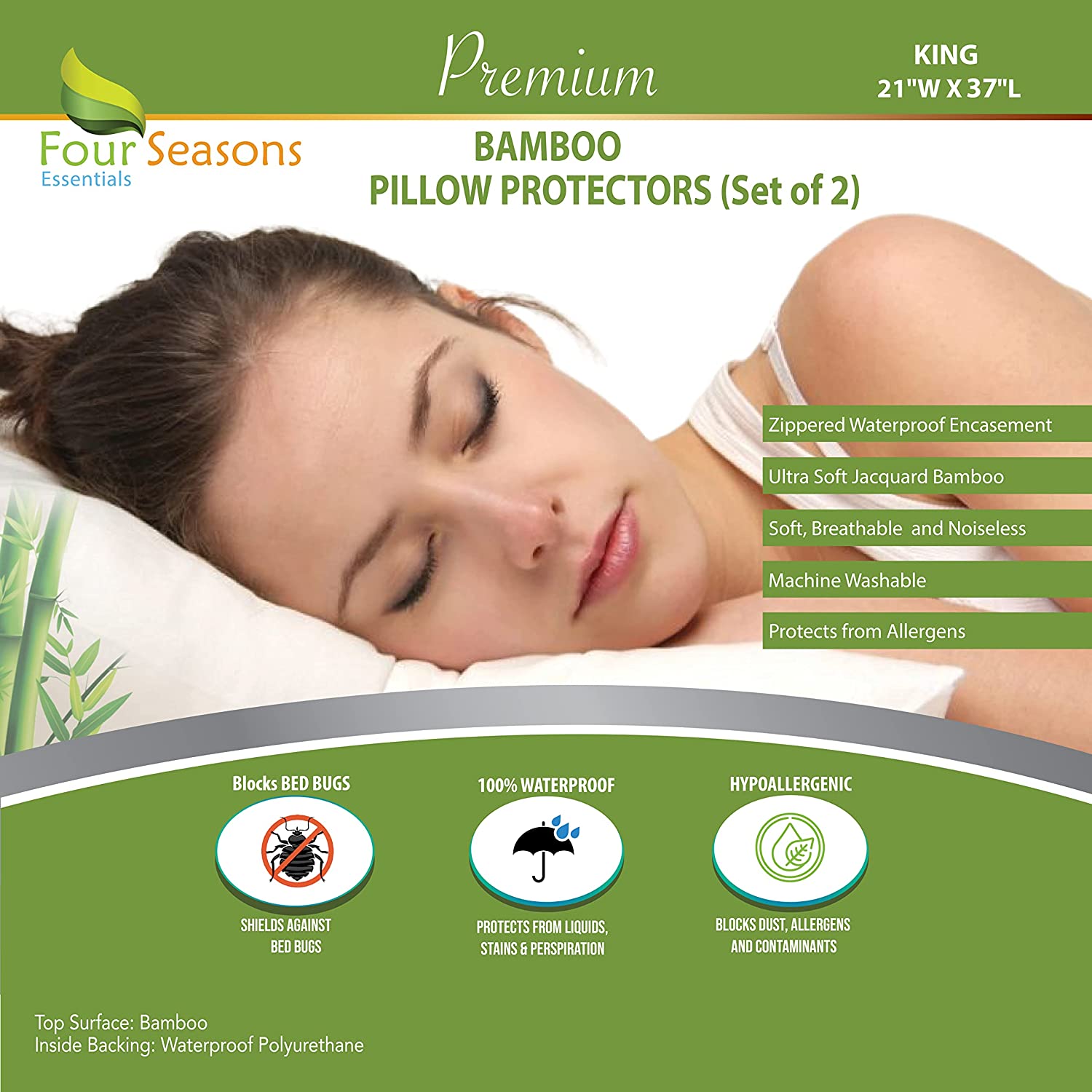 Bamboo Pillow Protector - Waterproof Hypoallergenic Dust Proof